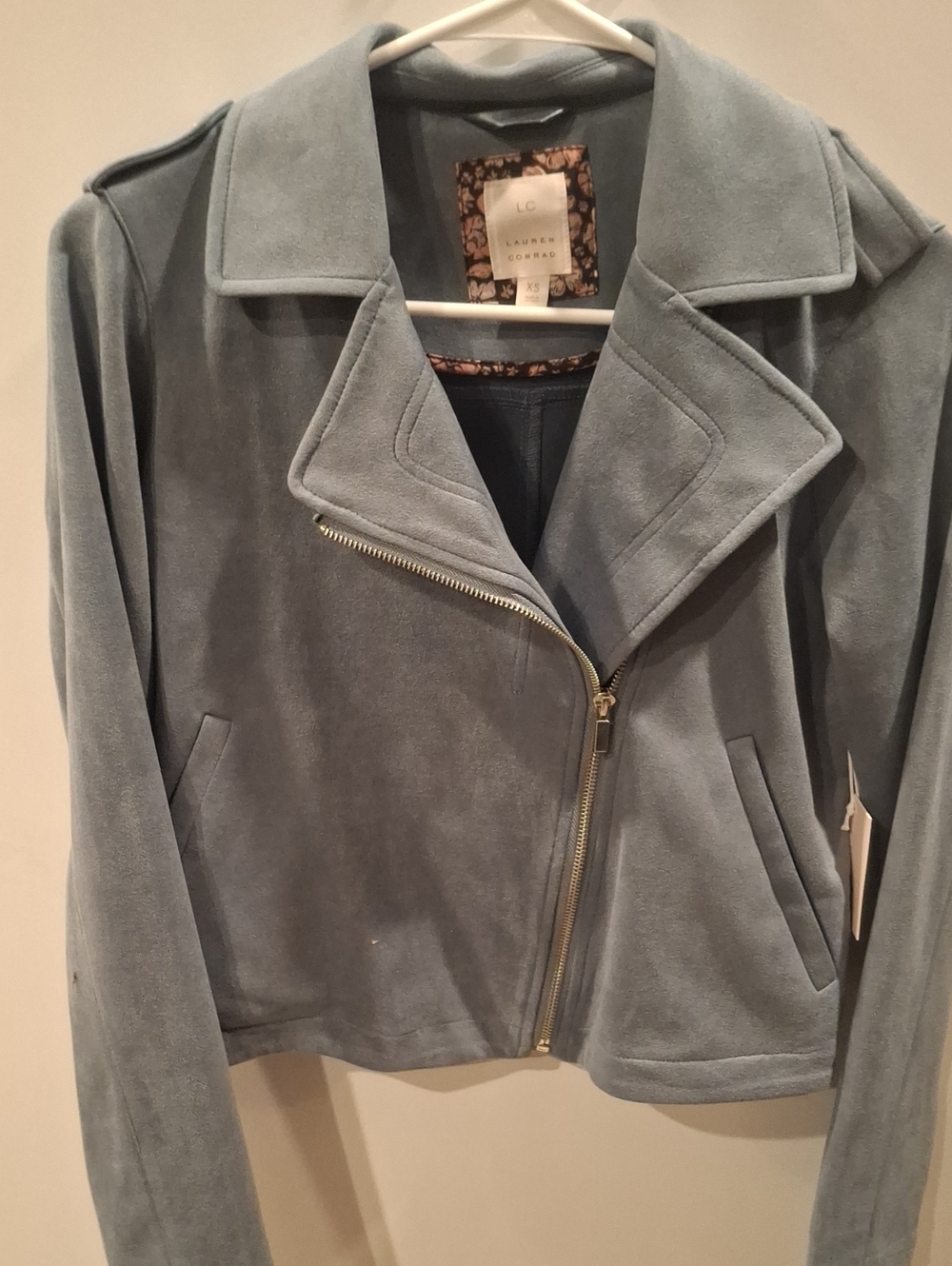 LC Lauren Conrad Pale Blue Suede Asymmetrical Zip Jacket